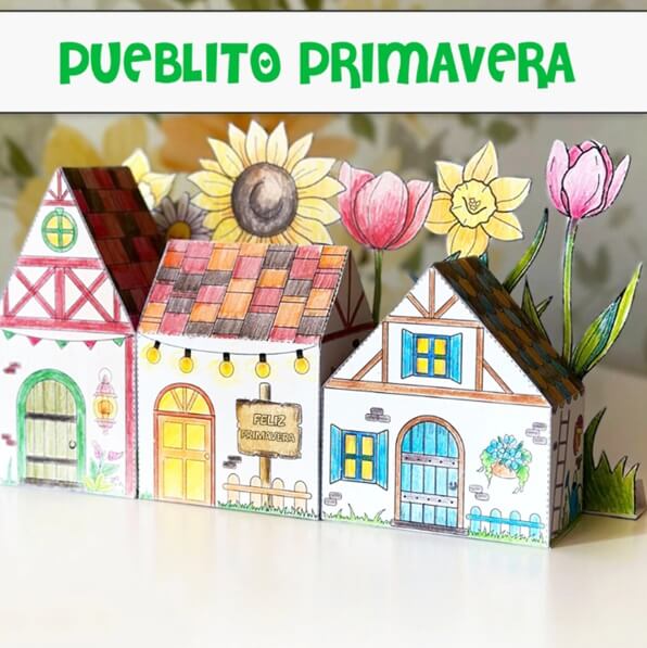Pueblito Primavera para colorear imprimible