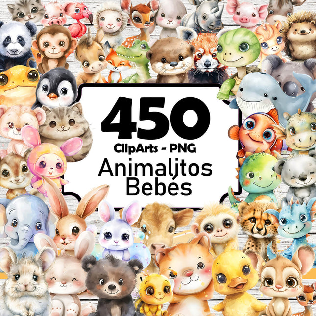 450 ClipArts Animalitos Bebés estilo Acuarela en PNG