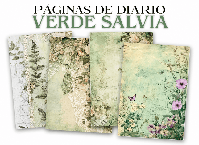 Set 10 páginas Jardín Verde Botánico para Scrapbooking