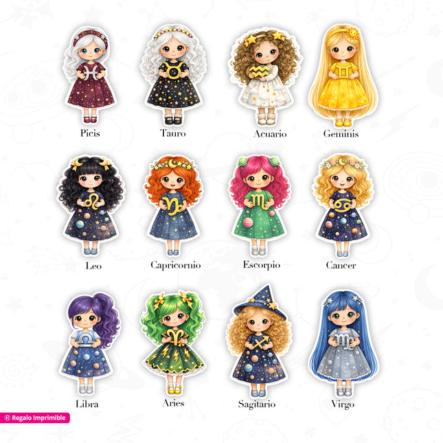 Brujitas Zodiacales | 12 Stcikers Imprimibles