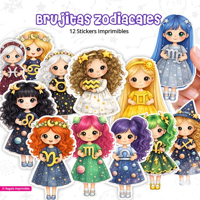 Brujitas Zodiacales | 12 Stcikers Imprimibles