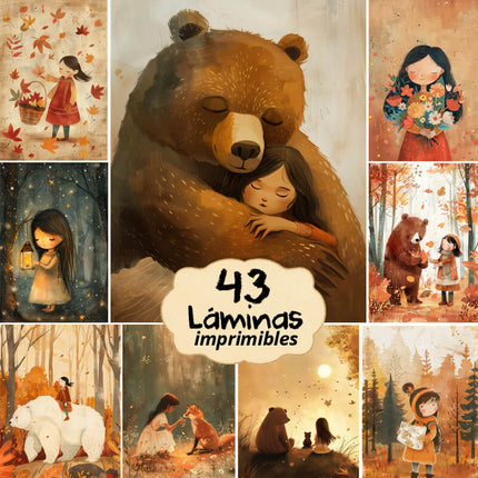 43 Láminas imprimibles de Otoño, la Chica su amigo el Oso
