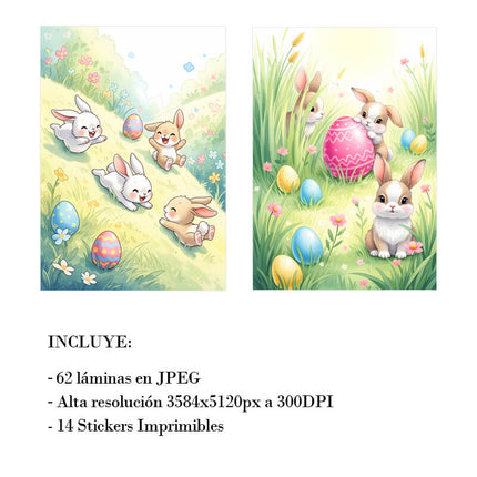 Pack 62 Láminas + 14 Stickers Conejitos Pascua
