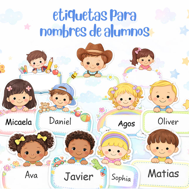 Kit 24 etiquetas para nombres de alumnos para el aula