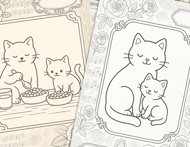 Familia Gatuna para Colorear Vintage