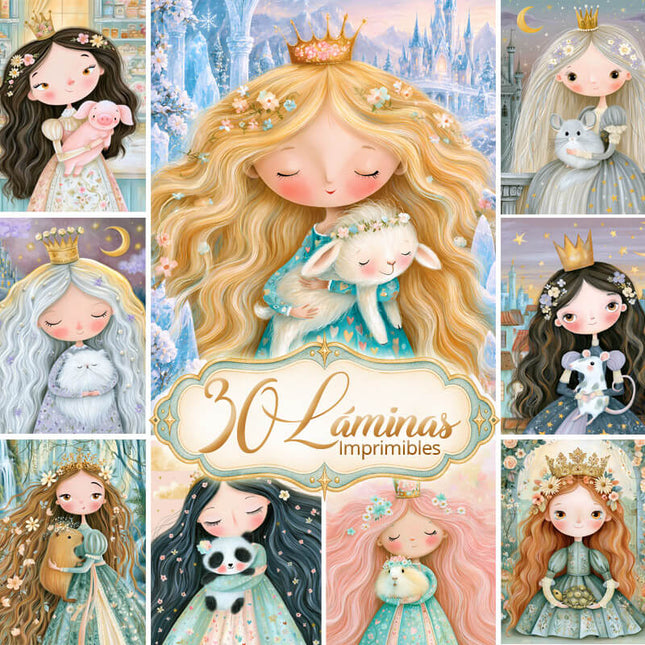 30 Láminas Princesas y sus Adorables Mascotas