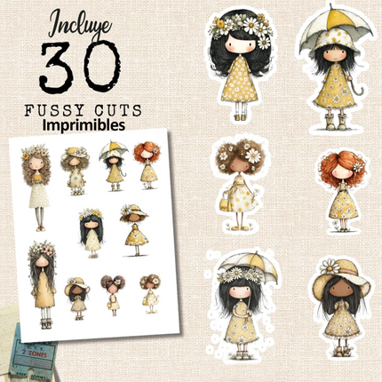 Plancha 30 Stickers Muñequitas Margarita Recortables