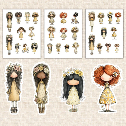 Plancha 30 Stickers Muñequitas Margarita Recortables