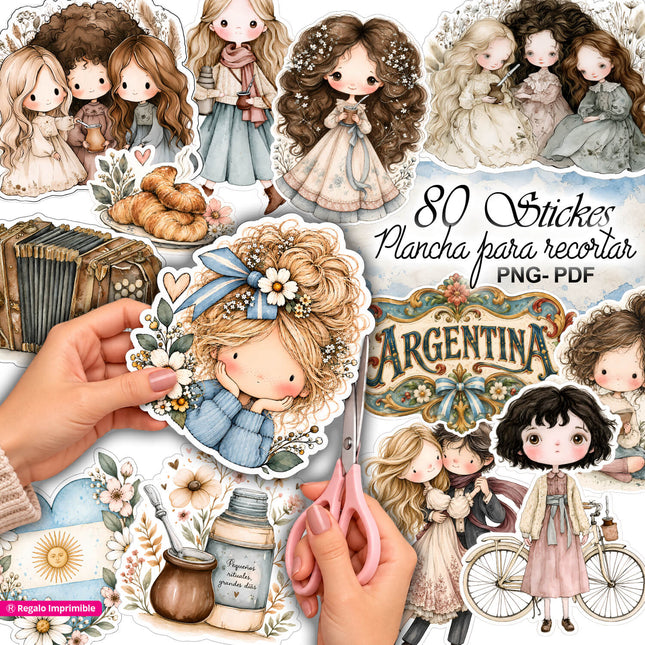 ✂️ Plancha para cortar - 80 Stickers Momentos Argentinos Vintage