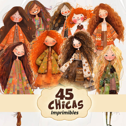 45 Paper Dolls Chicas Bohemias Otoñales en PNG