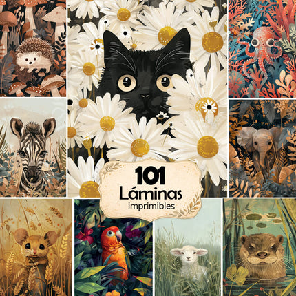 Pack 100 Animales Curiosos entre flores, bosques, y ramas