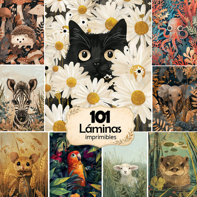Pack 100 Animales Curiosos entre flores, bosques, y ramas