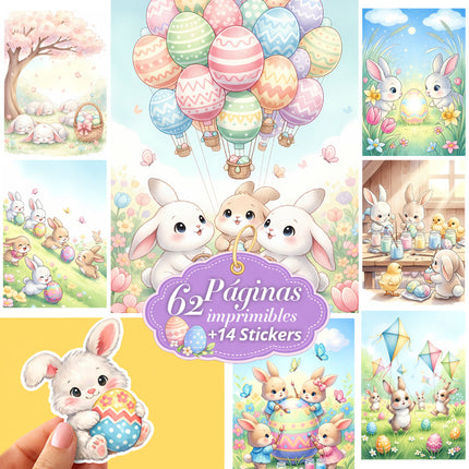Pack 62 Láminas + 14 Stickers Conejitos Pascua