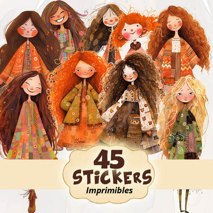 45 Paper Dolls Chicas Bohemias Otoñales en PNG
