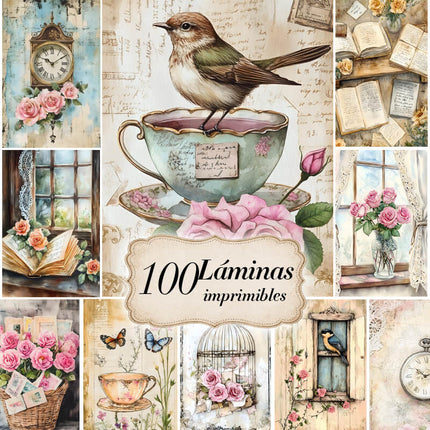 Pack 100 Láminas Estilo Diario Rosa Junk Pastel