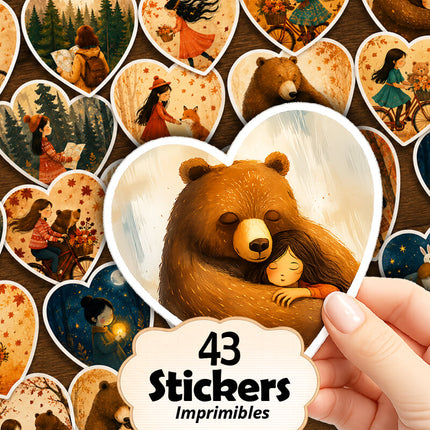 43 Stickers imprimibles de Otoño, la Chica su amigo el Oso