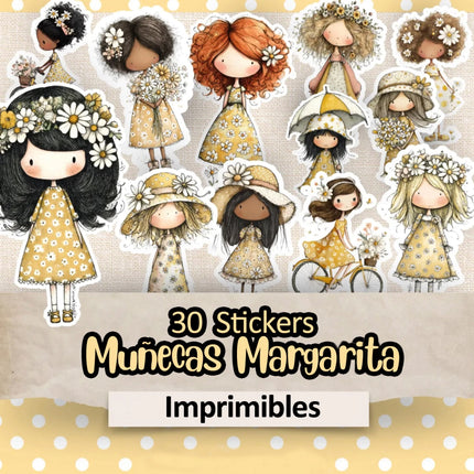 Plancha 30 Stickers Muñequitas Margarita Recortables